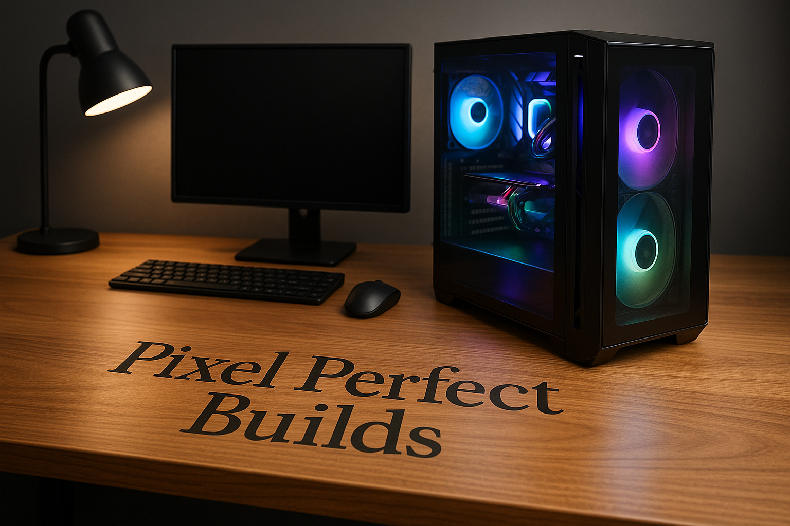A desktop computer with a slight amount of RGB lighting on the inside. A sleek, clean, wooden desk under the Computer, with the name Pixel Perfect Builds clearly written on it. 